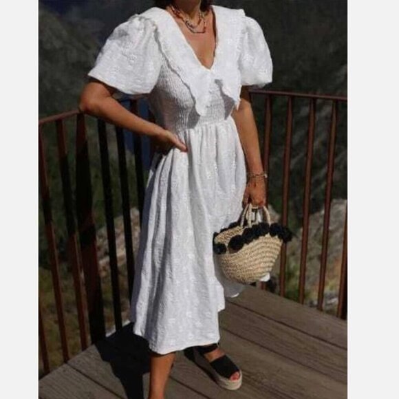 Zara Dresses & Skirts - Zara Cutwork Embroidery Midi Dress Voluminous Sleeves Tulle Lining White Medium